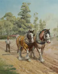 John Cornwell, Parry with Posh and Portley - Harrowing the Potato Patch, Oil on Canvas on Board