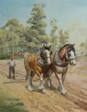 John Cornwell, Parry with Posh and Portley - Harrowing the Potato Patch, Oil on Canvas on Board