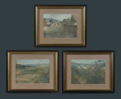 Tony Costa, Tall Steeple, Carcoar [NSW];' 'Church on Hill End;' and 'Grand Valley, Victoria Pass, Mixed Media on Paper (3)