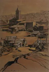 R Emerson Curtis, Old Shacks, Crystal Street, 1932, Ink & Pastel
