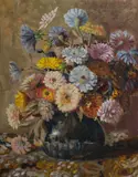 Gustav Pillig, Still Life with Zinnias, Oil on Board