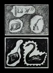 Paul Boston, (2), Untitled (Radio and Swan) unsigned, ink on paper; Untitled (Radio, Clothesline and Axe) unsigned, charcoal on paper