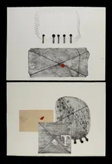 (2) by Elwyn Lynn, 'Chums,' 1970-71, lithograph with collage & mixed media 9/23 (59x79cm sheet); & 'Package,' 1970-71, lithograph & mixed m, sold Jul 2023