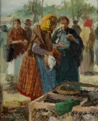 Carolus Pallya, Market Scene, Oil on Ply