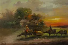 Rice Fields and Buffalo by Oscar T. Navarro, 1972, Oil on Canvas, sold Jul 2023
