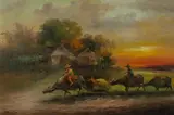 Oscar T. Navarro, Rice Fields and Buffalo, 1972, Oil on Canvas