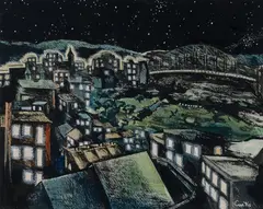 R Emerson Curtis, Sydney by Night, c.1950, Ink, W/Clr & Pastel