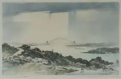 R Emerson Curtis, Sydney Harbour from the Heights of Vaucluse, 1932, Hand Coloured Lithograph 5/50