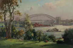 John Charles Allcot, Sydney Harbour Bridge from Botanic Gardens, Oil on Canvas