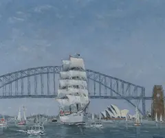 Dacre Smyth, Tall Ship (Dar Mlodziezy) in Sydney Harbour, 1988, Oil on Canvas Board