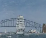 Dacre Smyth, Tall Ship (Dar Mlodziezy) in Sydney Harbour, 1988, Oil on Canvas Board