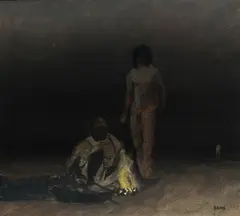 Lawrence M. Daws, Figures by Campfire, Oil on Board
