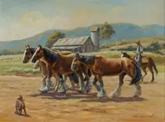 John Cornwell, Bringing in Freda, Flossy, Flora and Phantom and the Foal, Oil on Canvas on Board