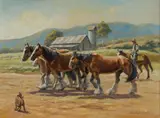 John Cornwell, Bringing in Freda, Flossy, Flora and Phantom and the Foal, Oil on Canvas on Board