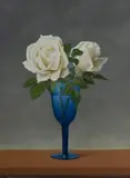 Dennis Ramsay, White Roses in Blue Vase, 2003, Oil & Tempera on Board