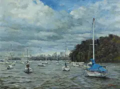 John Huang, Boats on Sydney Harbour, 2015, Oil on Canvas on Board