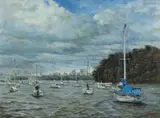 John Huang, Boats on Sydney Harbour, 2015, Oil on Canvas on Board