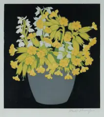 Cowslips by Hall Thorpe, 1922, colour woodcut, offered May 2023