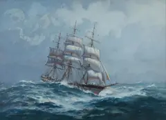 John Charles Allcot, Ship in Full Sail, 1935, Gouache