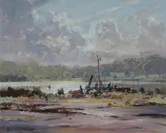 Robert Wilson, Fishing Boat and River, Oil on Canvas on Board