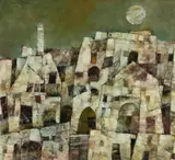 Harry Guttman, Town View & Moon, Oil on Board