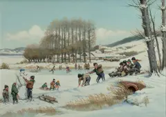 František Milan Lejček, Children Playing in Winter, Oil on Canvas