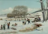 František Milan Lejček, Children Playing in Winter, Oil on Canvas