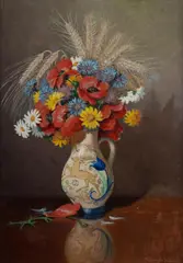 František Milan Lejček, Still Life with a Jug of Flowers and Wheat Sheaves, Oil on Canvas on Board