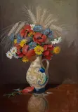 František Milan Lejček, Still Life with a Jug of Flowers and Wheat Sheaves, Oil on Canvas on Board