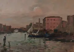 Lucio Cargnel, River Scene with Boat and Bridge in Distance, Oil on Board