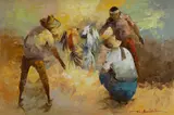 Cock Fighting by Alfredo Buenaventura, Oil on Board, sold May 2023