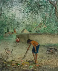 D S Misran, Street Life by a Temple, 1980, Oil on Canvas