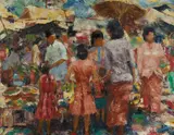 Yow Chork Fung, Market Scene, Oil on Canvas