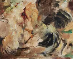 Fong Huang, Cock Fight' Ubud Bali, 1973, Oil on Canvas