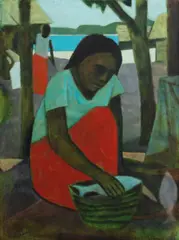 Ray Crooke, Woman with Fish, Oil on Canvas on Board