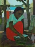 Ray Crooke, Woman with Fish, Oil on Canvas on Board