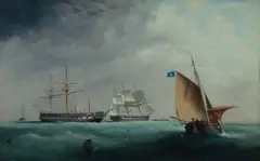 Haughton Forrest, Battleships and Other Vessels off the Coast, Oil on Canvas