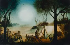 Explorers Resting by Pro Hart, Oil on Board, sold Mar 2023