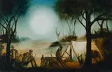 Explorers Resting by Pro Hart, Oil on Board, sold Mar 2023