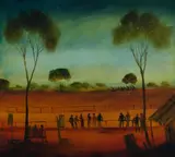 Watching the Trials by Pro Hart, 1977, Oil on Canvas on Board, sold Mar 2023