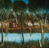 Campsite by Pro Hart, Oil on Board, sold Mar 2023
