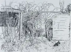 Peter Kingston, Jan and Denton at Haefliger's Cottage, Hill End, 1995, Pencil