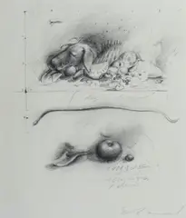 Tongue & Tomato & Olive by Tim Storrier, 1989, Pencil, sold Mar 2023