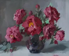 Red Roses by Alan Douglas Baker, Oil on Board, sold Mar 2023