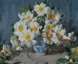 Alan Douglas Baker, Camellias in a Blue and White Vase, Oil