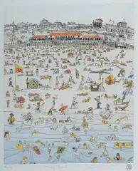 Peter Kingston, Busy Bondi, 1985, Hand Coloured Etching 52/90