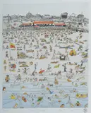 Peter Kingston, Busy Bondi, 1985, Hand Coloured Etching 52/90