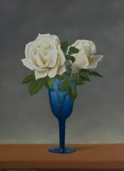 Dennis Ramsay, White Roses in Blue Vase, 2003, Oil & Tempera on Board