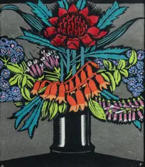 Australian Flowers in Vase by Adrian Feint, 1931, Hand Coloured Wood Engraving for Carlyle S. Baer (ed. 50), sold Mar 2023