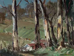 Farmstead through Trees by James Ranalph Jackson, Oil on Canvas on Board, sold Mar 2023